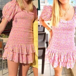 LOVESHACKFANCY Puff Sleeve Mini Dress Smocked Floral 70s western romantic M 6/8